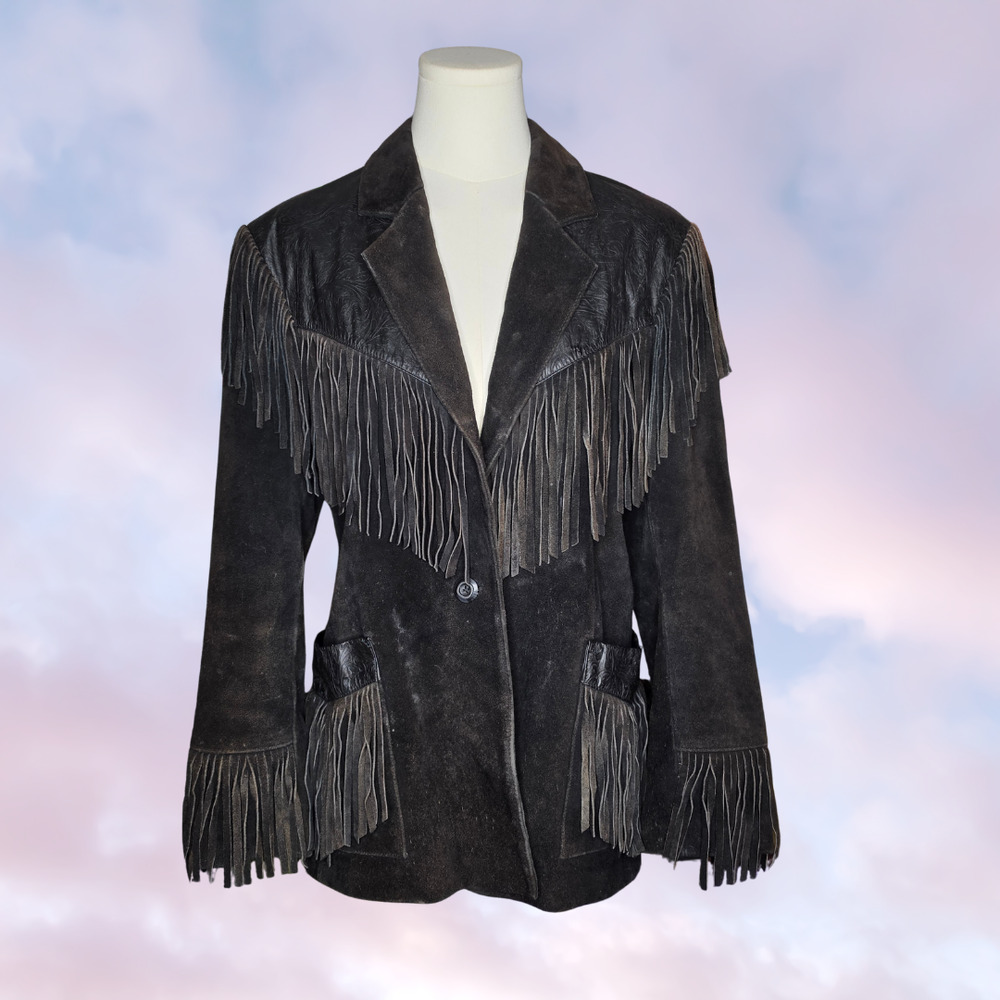 Wilsons Black Genuine Suede Leather Western Fringed Cowgirl Blazer Jacket Size M